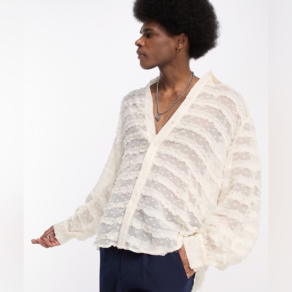 ASOS Sister Jane Blouse Ruffled Ballon Long Sleeve Ivory Button Top Shirt M